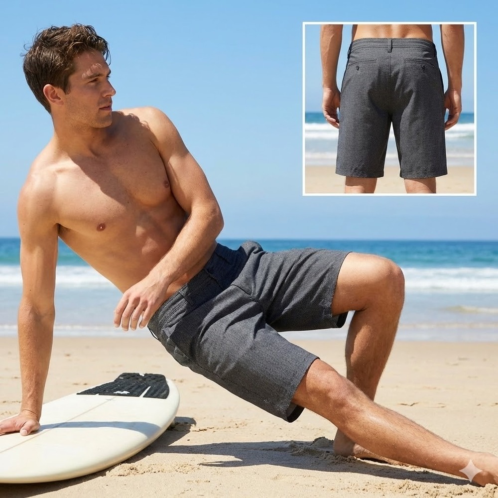 Hurley Langley Boardwalk Hybrid Shorts Mens 32 Black Grey Herringbone New Tag